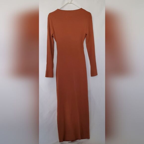 NWT A.L.C. Women's Midi Dress XL Orange Ribbed Knit V-Neck Long Sleeve Cutout - Picture 6 of 9